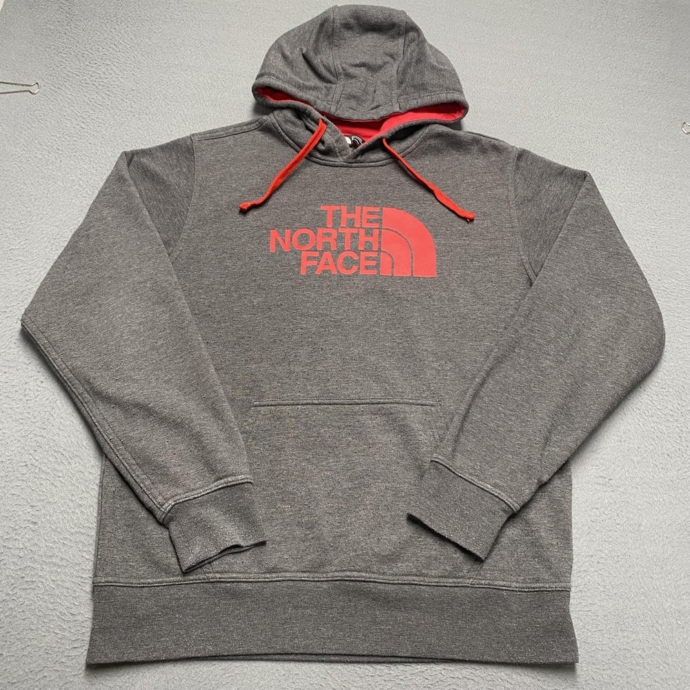 The North Face Hoodie Mens Medium‎ Gray Pullover Fleece Sweatshirt Red Logo